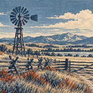 May include: A landscape illustration featuring a metal windmill standing in a dry, grassy field with a wooden fence in the foreground. A dirt path leads toward a distant lake and a range of mountains under a blue sky with white clouds.