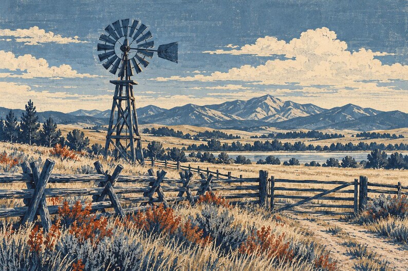 May include: A landscape illustration featuring a metal windmill standing in a dry, grassy field with a wooden fence in the foreground. A dirt path leads toward a distant lake and a range of mountains under a blue sky with white clouds.