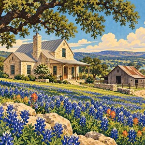 May include: A landscape painting featuring a stone house with a metal roof under a large oak tree, situated in a field of bluebonnets and orange Indian paintbrush flowers, with a wooden barn and rolling hills in the background.