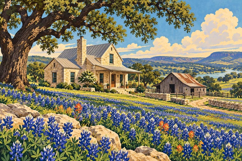 May include: A landscape painting featuring a stone house with a metal roof under a large oak tree, situated in a field of bluebonnets and orange Indian paintbrush flowers, with a wooden barn and rolling hills in the background.
