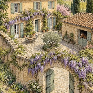 Puede incluir: Una pintura a la acuarela de una casa de campo de piedra con techo de terracota, contraventanas verde claro y un patio con un olivo central, un juego de comedor y un caballo en un establo, rodeado de glicinias moradas en flor.