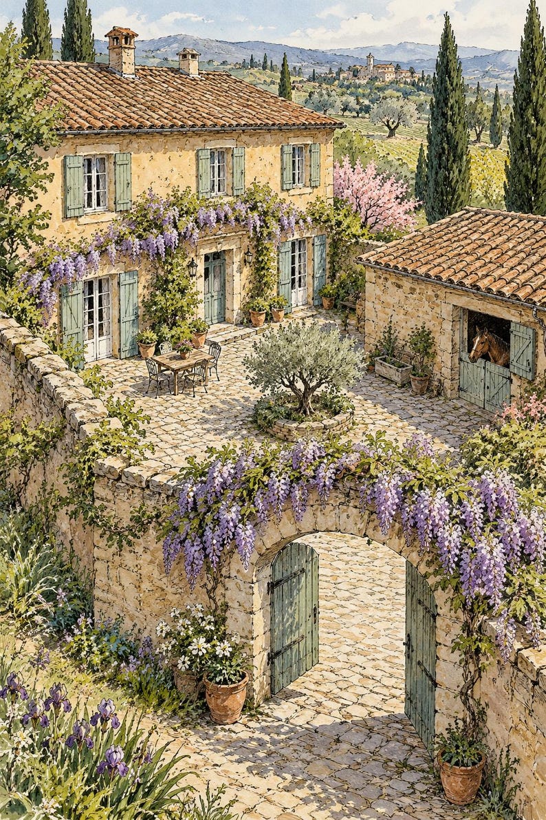 Puede incluir: Una pintura a la acuarela de una casa de campo de piedra con techo de terracota, contraventanas verde claro y un patio con un olivo central, un juego de comedor y un caballo en un establo, rodeado de glicinias moradas en flor.