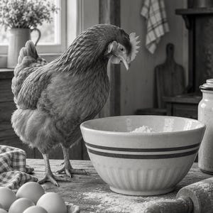 May include: A chicken stands on a wooden table next to a ceramic mixing bowl containing flour. A carton of eggs, a rolling pin, and scattered flour are present on the surface. The scene is captured in black and white.