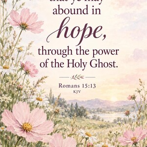 May include: A decorative print featuring a watercolor landscape of a field with pink cosmos and white daisies. The text reads: that ye may abound in hope, through the power of the Holy Ghost. Romans 15:13 KJV, set against a soft sunrise sky.