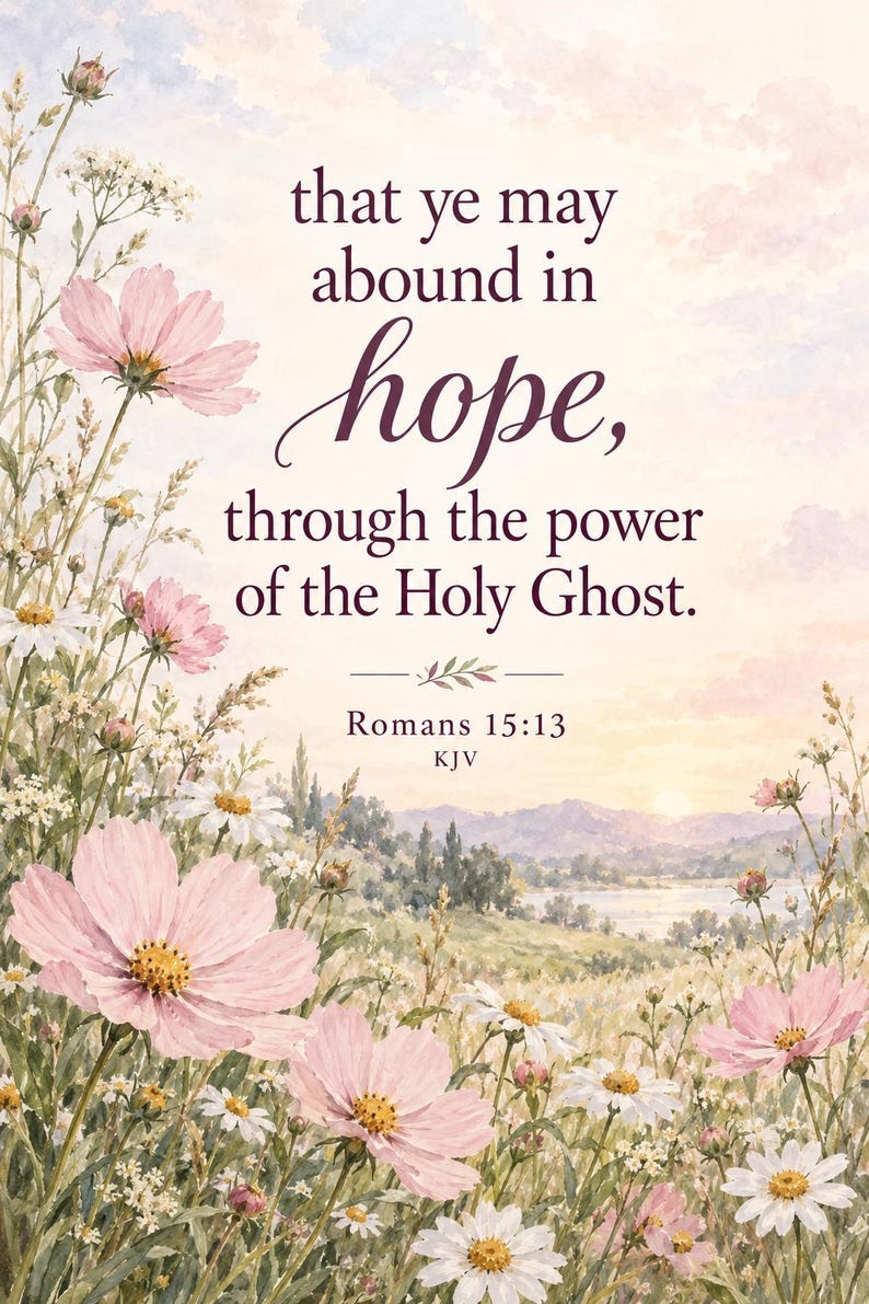May include: A decorative print featuring a watercolor landscape of a field with pink cosmos and white daisies. The text reads: that ye may abound in hope, through the power of the Holy Ghost. Romans 15:13 KJV, set against a soft sunrise sky.