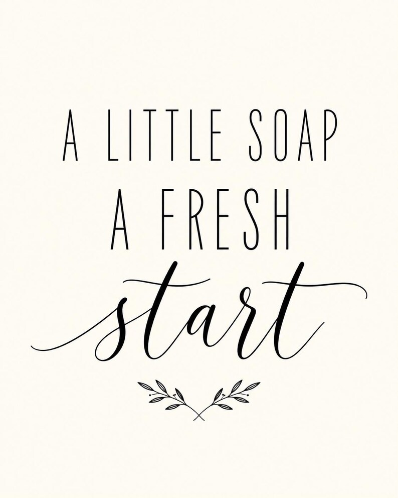 May include: A white rectangular sign featuring the black text A LITTLE SOAP A FRESH START in a combination of sans-serif and cursive fonts. Below the text is a small, simple black line drawing of two symmetrical leafy branches.