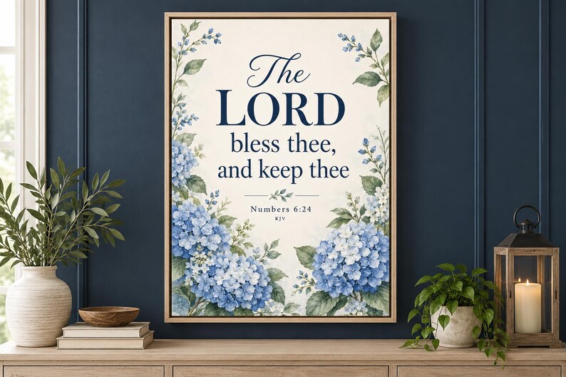 Puede incluir: Una impresi&oacute;n de arte mural enmarcada con el texto The LORD bless thee, and keep thee, Numbers 6:24 KJV, rodeada de ilustraciones en acuarela de flores de hortensia azules y blancas y hojas verdes sobre un fondo color crema.