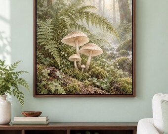 May include: A square framed wall art print depicting a forest scene with four light brown mushrooms growing on a mossy log, surrounded by green fern fronds and small white flowers, with a soft, hazy, sunlit woodland background.