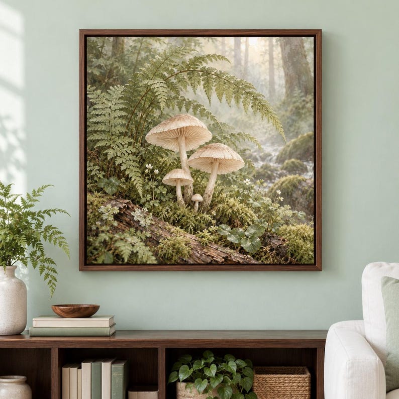 May include: A square framed wall art print depicting a forest scene with four light brown mushrooms growing on a mossy log, surrounded by green fern fronds and small white flowers, with a soft, hazy, sunlit woodland background.