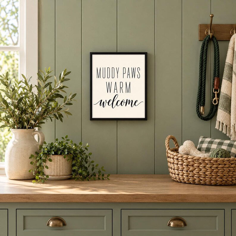 May include: A square wall sign with a black frame and a white background featuring the black text MUDDY PAWS WARM welcome. The sign is displayed on a sage green paneled wall above a wooden surface with plants and a woven basket.