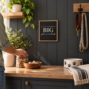 May include: A square black wooden sign with a light wood frame featuring the white text "LITTLE PAWPRINTS BIG place in our hearts" mounted on a dark gray paneled wall above a wooden countertop with a glass jar of dog treats.