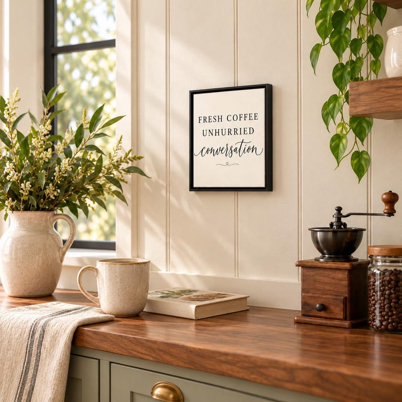 May include: A square wall sign with a black frame and white background featuring the black text FRESH COFFEE UNHURRIED conversation. The sign is mounted on a white panelled wall above a wooden counter with a ceramic pitcher and mug.