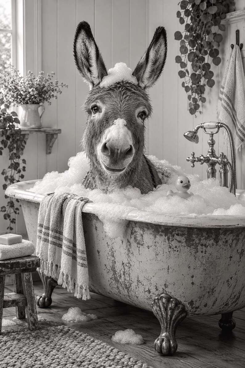 May include: A black and white image of a donkey sitting in a clawfoot bathtub filled with soap bubbles. The donkey has foam on its head and nose. A small yellow rubber duck floats in the bubbles next to the donkey. A striped towel hangs over the edge of the tub.