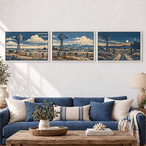May include: A triptych of landscape paintings featuring rural scenes with windmills, wooden fences, and open fields under blue skies. The artwork displays a progression from daylight to dusk, with a full moon visible in the final panel.