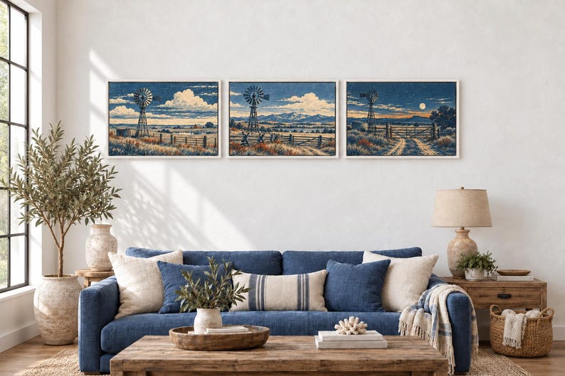 May include: A triptych of landscape paintings featuring rural scenes with windmills, wooden fences, and open fields under blue skies. The artwork displays a progression from daylight to dusk, with a full moon visible in the final panel.