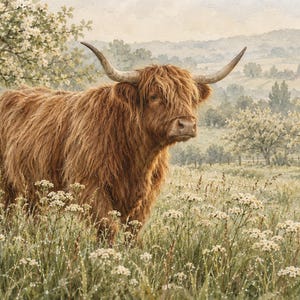Puede incluir: Una vaca de las Tierras Altas con pelaje largo, hirsuto y de color marr&oacute;n rojizo, con grandes cuernos curvados, se encuentra en un campo de hierba alta verde y peque&ntilde;as flores silvestres blancas. El fondo muestra un paisaje suave.