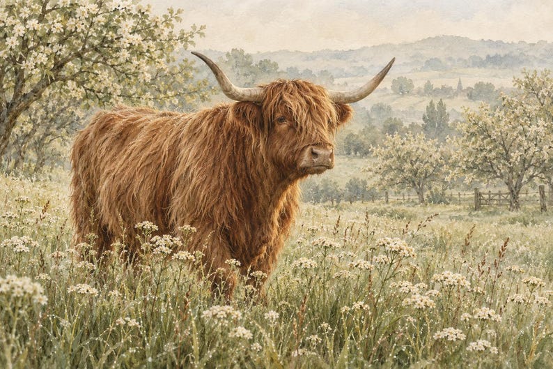 Puede incluir: Una vaca de las Tierras Altas con pelaje largo, hirsuto y de color marr&oacute;n rojizo, con grandes cuernos curvados, se encuentra en un campo de hierba alta verde y peque&ntilde;as flores silvestres blancas. El fondo muestra un paisaje suave.