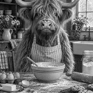 May include: A black and white image of a Highland cow wearing a striped apron, standing at a wooden kitchen table. The cow is positioned behind a mixing bowl, with eggs, a stick of butter, a rolling pin, and cookies on a wire rack.