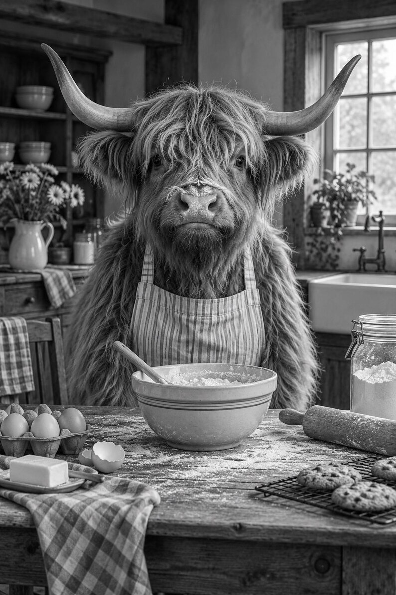 May include: A black and white image of a Highland cow wearing a striped apron, standing at a wooden kitchen table. The cow is positioned behind a mixing bowl, with eggs, a stick of butter, a rolling pin, and cookies on a wire rack.