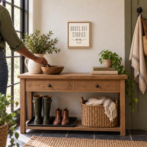 May include: A rectangular wooden console table with two drawers and a lower shelf. On the wall hangs a square sign with the text BOOTS OFF STORIES on. The shelf holds green rubber boots, brown leather boots, and a woven basket with a throw.
