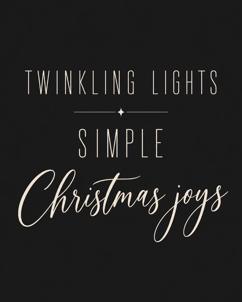 May include: A black rectangular sign featuring the light pink text TWINKLING LIGHTS in a clean sans-serif font, followed by a small star icon, the word SIMPLE, and the cursive script text Christmas joys in a light pink color.