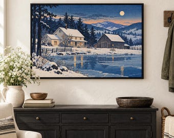 May include: A framed landscape painting depicting a snow-covered farmhouse and barn beside a frozen lake under a twilight sky with a full moon. The scene features dark evergreen trees, rolling hills in the distance, and warm light glowing from the house windows.