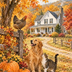 May include: A watercolor painting depicting a golden retriever and a tabby cat sitting together near a wooden fence. A chicken stands on the fence post. Two orange pumpkins rest on the ground. A white house sits in the background with autumn trees.