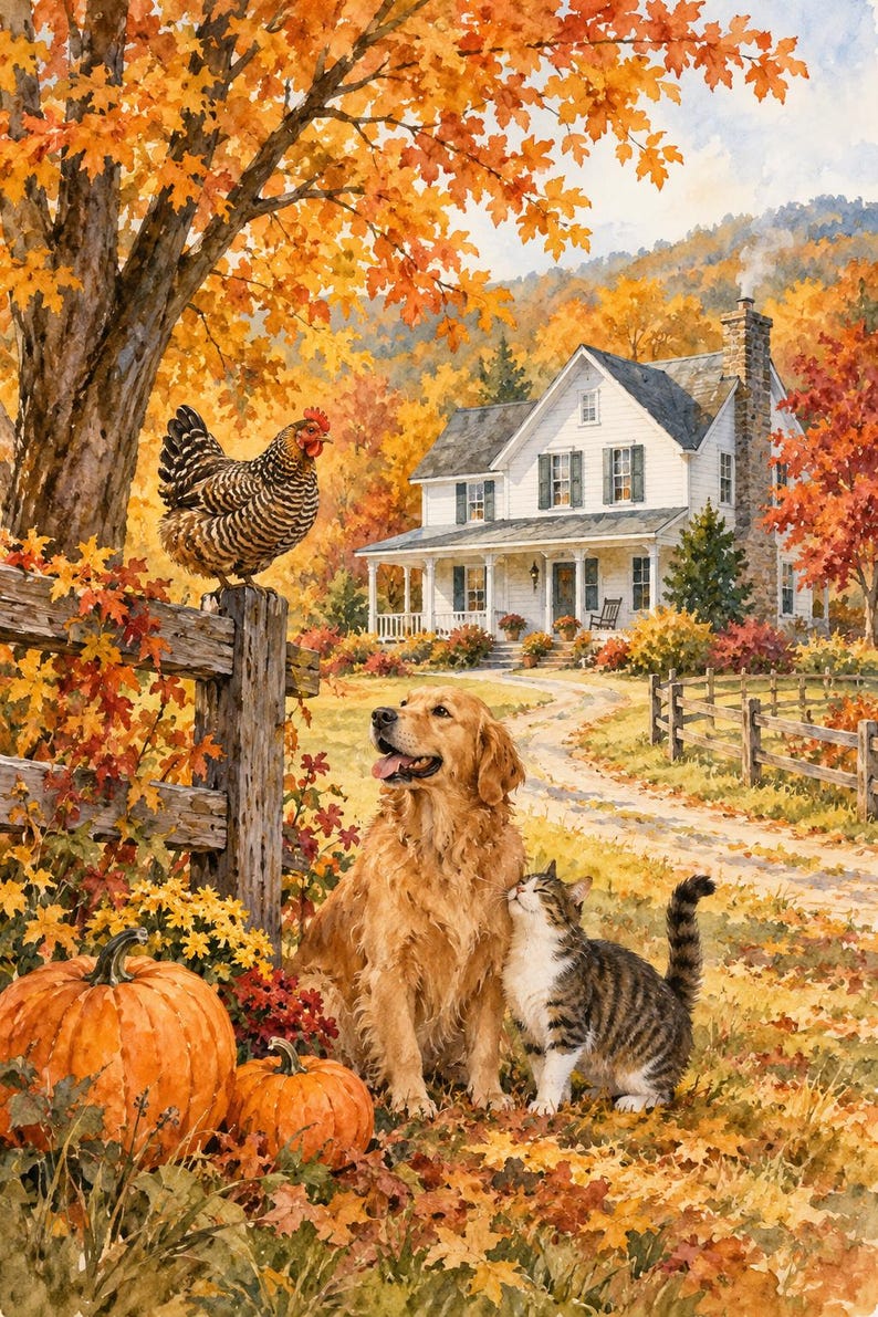 May include: A watercolor painting depicting a golden retriever and a tabby cat sitting together near a wooden fence. A chicken stands on the fence post. Two orange pumpkins rest on the ground. A white house sits in the background with autumn trees.