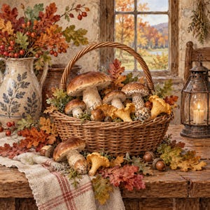 May include: A woven wicker basket filled with various brown mushrooms, including porcini and chanterelles, surrounded by autumn oak leaves and acorns. A ceramic pitcher with blue leaf patterns and a metal lantern sit nearby on a wooden table.