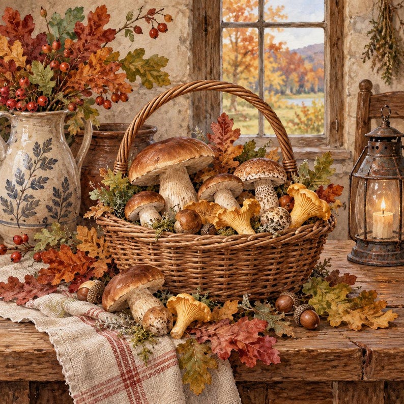 May include: A woven wicker basket filled with various brown mushrooms, including porcini and chanterelles, surrounded by autumn oak leaves and acorns. A ceramic pitcher with blue leaf patterns and a metal lantern sit nearby on a wooden table.