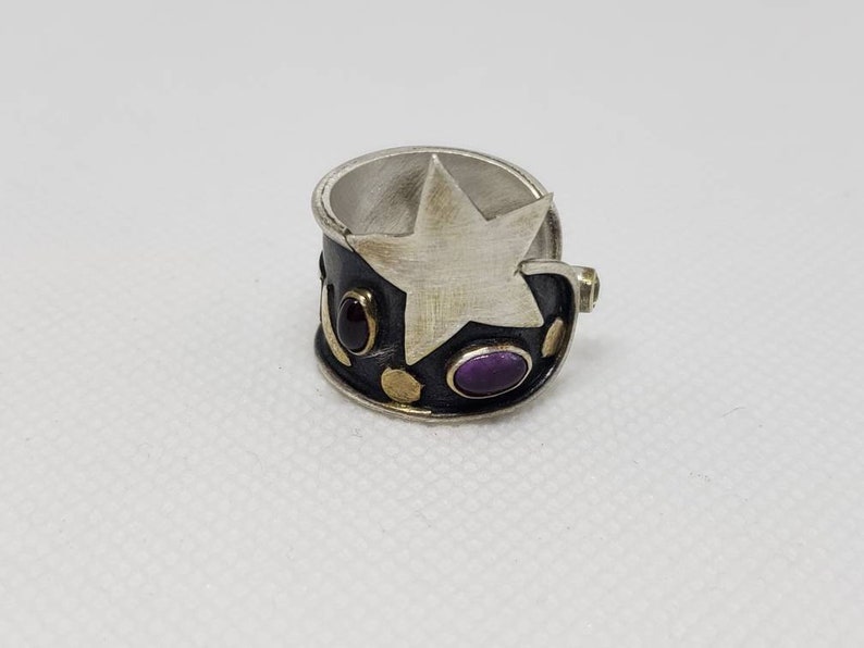 Sterling Silver Star Stones Cosmic Soldered Band Ring Steampunk Recycled Earring Converted to Slightly Adjustable Ring Women/'s Size 7.25