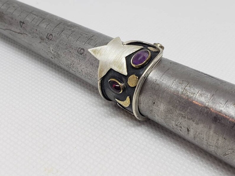 Sterling Silver Star Stones Cosmic Soldered Band Ring Steampunk Recycled Earring Converted to Slightly Adjustable Ring Women/'s Size 7.25