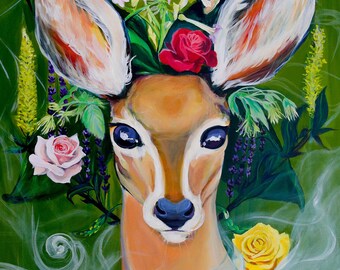 Doe on green background surrounded by mist and flowers, “Fragrant Whisper”, digital print of original painting