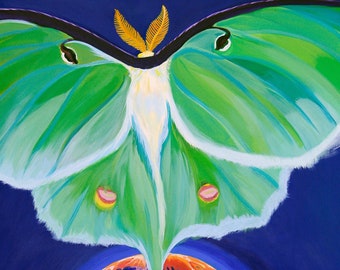 Polilla colorida que emerge de la luna espeluznante, "Luna Moth and Super Moon", impresión digital de la pintura original