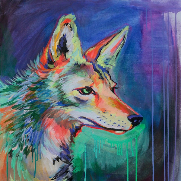 Colorful Coyote Art Print, "Hungry Girl", digital print of original painting, animal medicine, neon wild coyote, medicine wheel