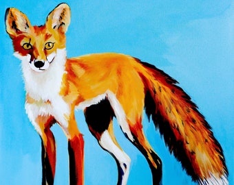 Red Fox on Sky Blue Background, Spirit Animal Signed Art Print, &quot;Spirit Seeker&quot; digital print of original painting