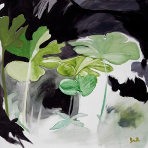 May include: Abstract painting featuring large green leaves against a black and white background. The leaves are painted in a stylized manner, with thick brushstrokes and a sense of movement. The painting is signed "Jenielle" in the bottom right corner.
