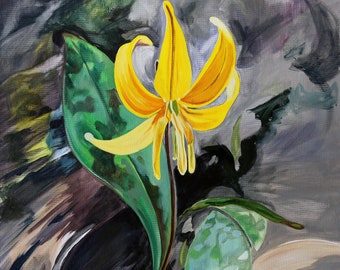 Yellow Wild Lily Portrait, Adder's Tongue, Erythronium, dog's-tooth violet, "Trout Lily", digital print of original painting