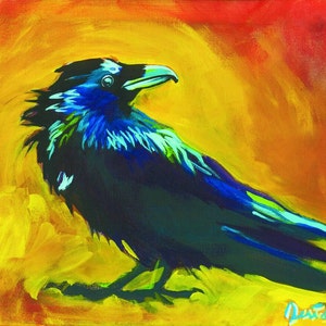 Crow/Raven art print. Orange, Yellow and black with light blue highlights, titled "New Beginnings" and signed