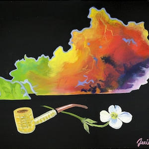 Kentucky State, topographischer, digitaler Kunstdruck von Originalgemälde, "Smoke 'em, Peace 'em", schwarzer Hintergrund, Maiskolbenpfeife, Hartholz