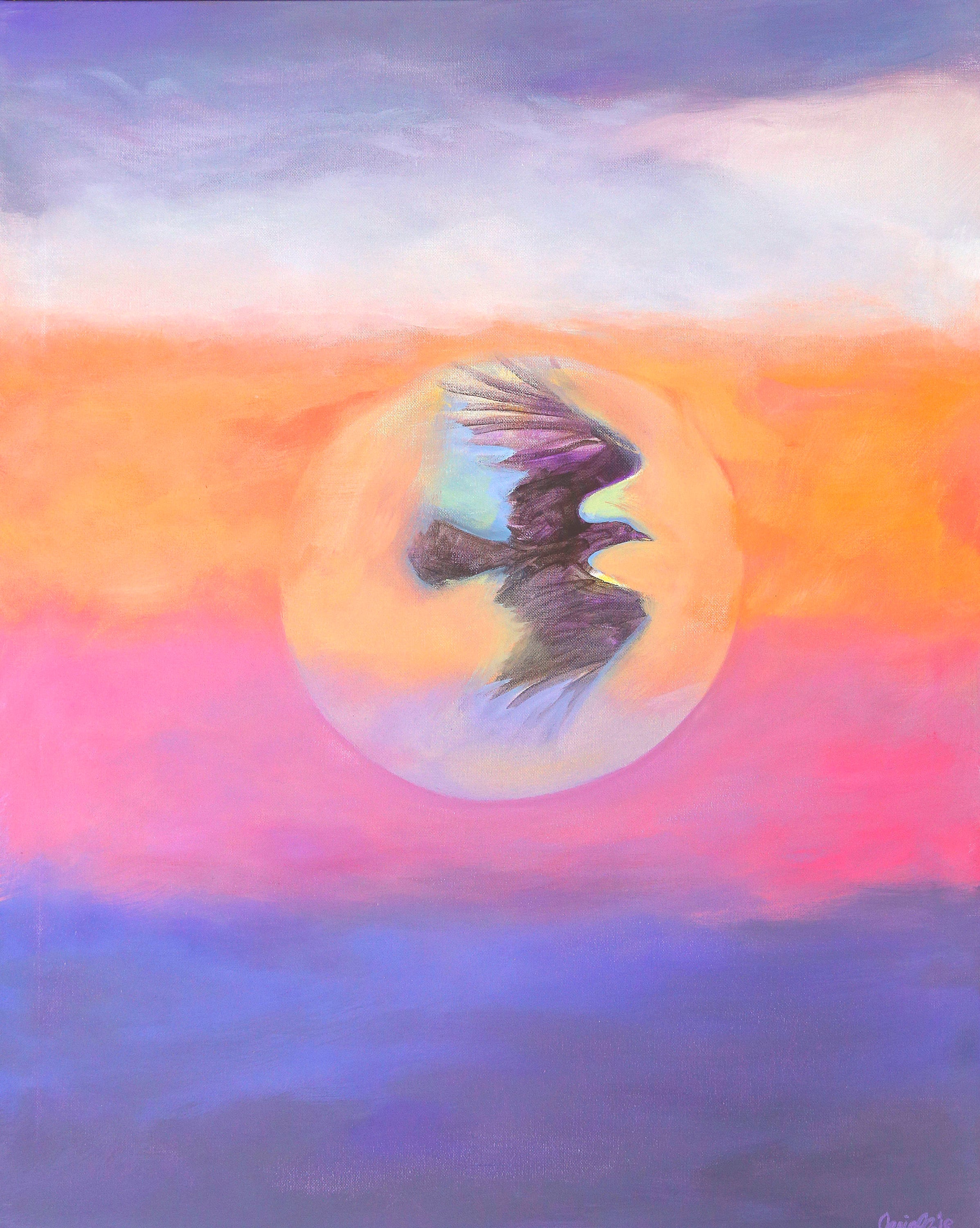 Crow flying across a sumptuous sunset, "Fly Free", digital art print of original painting, Kentucky Pop Art