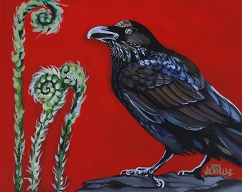 Print &quot;Raven and Fiddleheads&quot; Kentucky Pop Art Painting, Galerie Jerielle Painting, Original Artwork