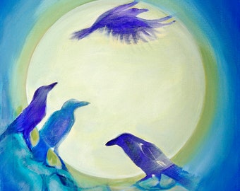 Luminous Green and Blue Tableau of Silhouetted Crows, &quot;Opalescent Departure&quot;, digital print of original painting