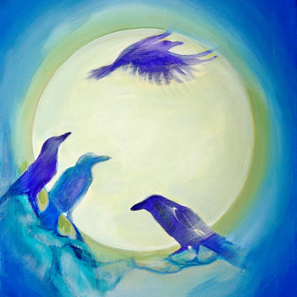 Luminous Green and Blue Tableau of Silhouetted Crows, "Opalescent Departure", digital print of original painting