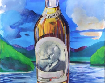 Pappy Van Winkle Art Print Original painting Blue Orange