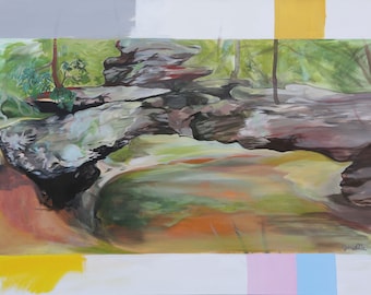 Rock Bridge, Red River Gorge, Kentucky Scenery, Arte Original y Contemporáneo Impresión en papel, lienzo o metal. Verde amarillo, naranja, gris