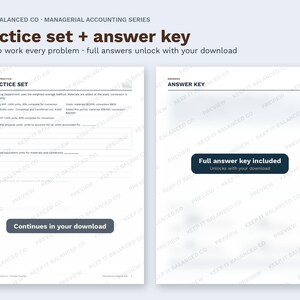 May include: A managerial accounting practice set and answer key document. The practice set page features accounting problems regarding weighted average methods, while the answer key page displays a dark box stating Full answer key included.