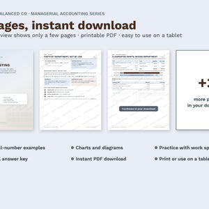 May include: A six-page managerial accounting digital document titled Keep It Balanced Co. The printable PDF features process costing lessons, charts, diagrams, real-number examples, and an answer key. It is designed for tablet use or printing.
