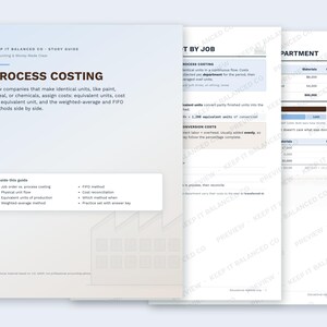 May include: A multi-page study guide titled Process Costing by Keep It Balanced Co. The document features accounting explanations, tables, and lists of topics including job order costing, physical unit flow, and the FIFO method.