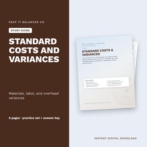 Può includere: Una guida allo studio digitale intitolata Standard Costs and Variances di Keep It Balanced Co. Il documento presenta un pannello sinistro marrone scuro con testo bianco e un pannello destro azzurro che mostra la copertina con un riepilogo.